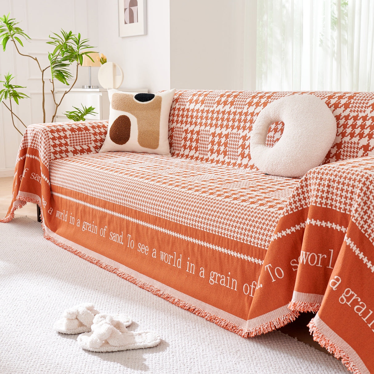 Chenille Houndstooth Couch Cover, Chaise Lounge Blanket Cover, Sectional Couch Scratch Protector