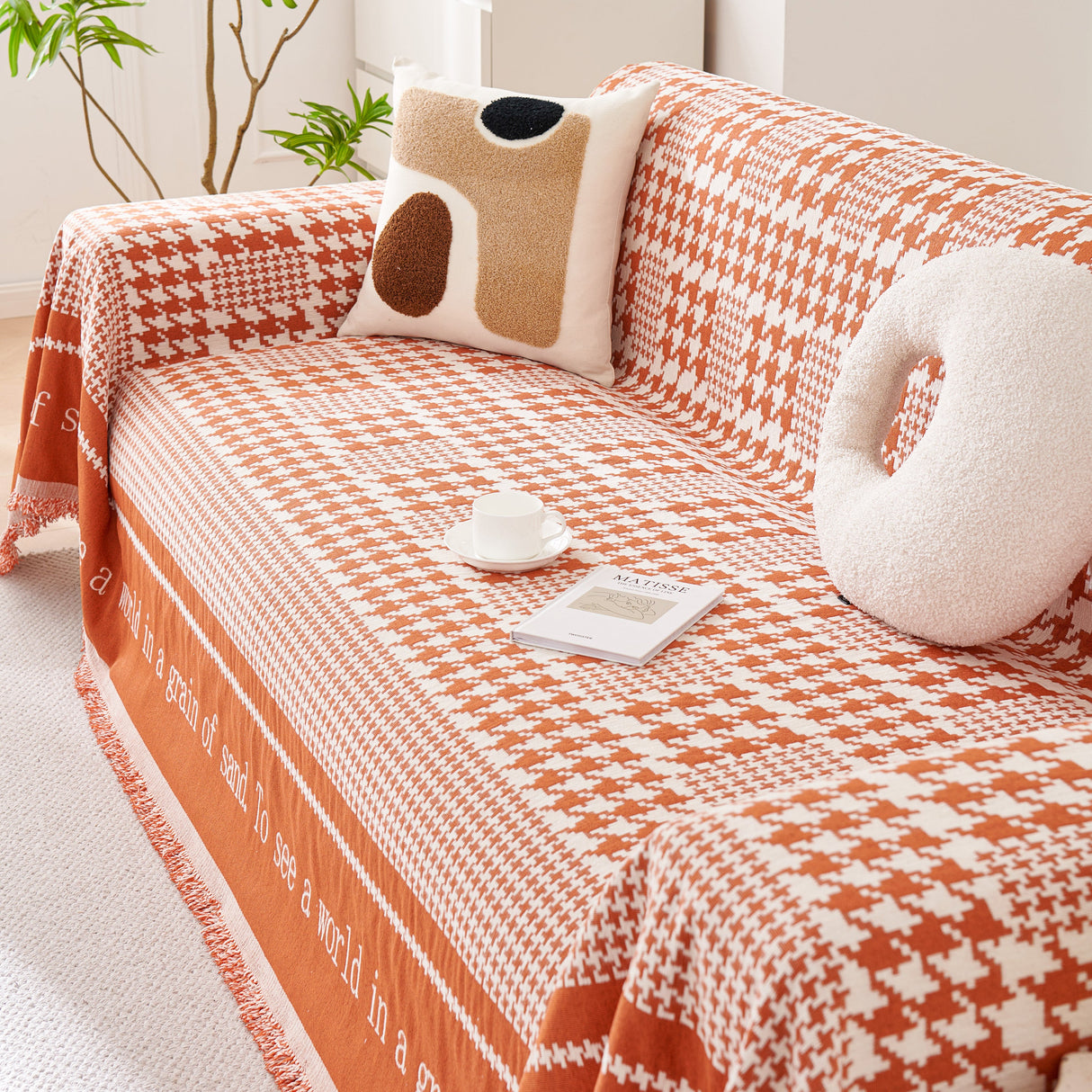 Chenille Houndstooth Couch Cover, Chaise Lounge Blanket Cover, Sectional Couch Scratch Protector