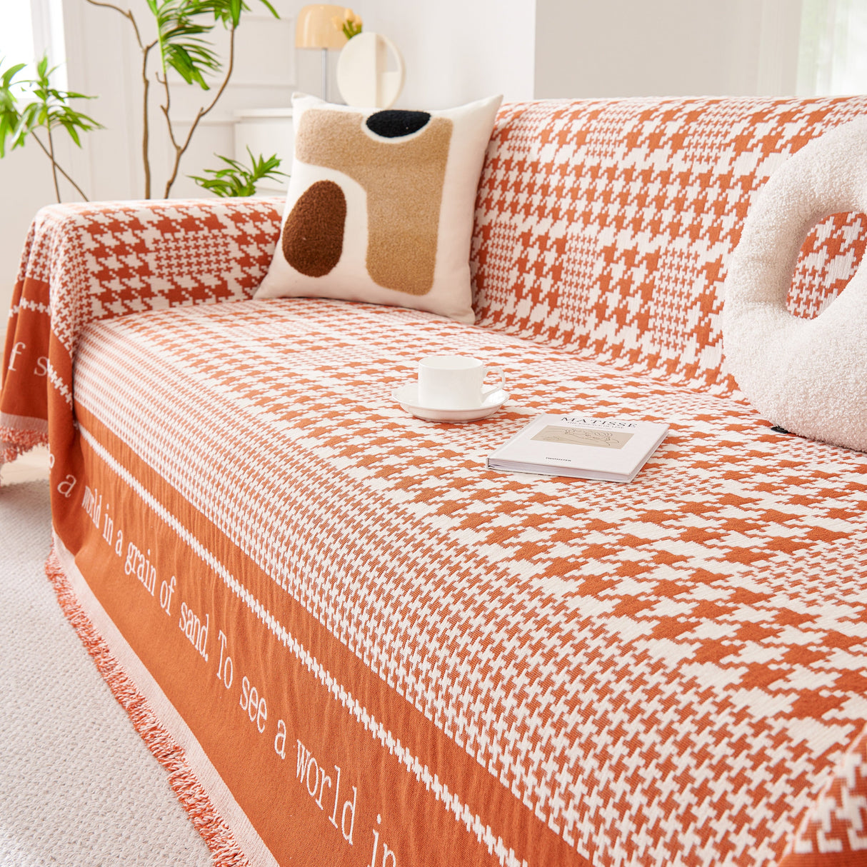 Chenille Houndstooth Couch Cover, Chaise Lounge Blanket Cover, Sectional Couch Scratch Protector