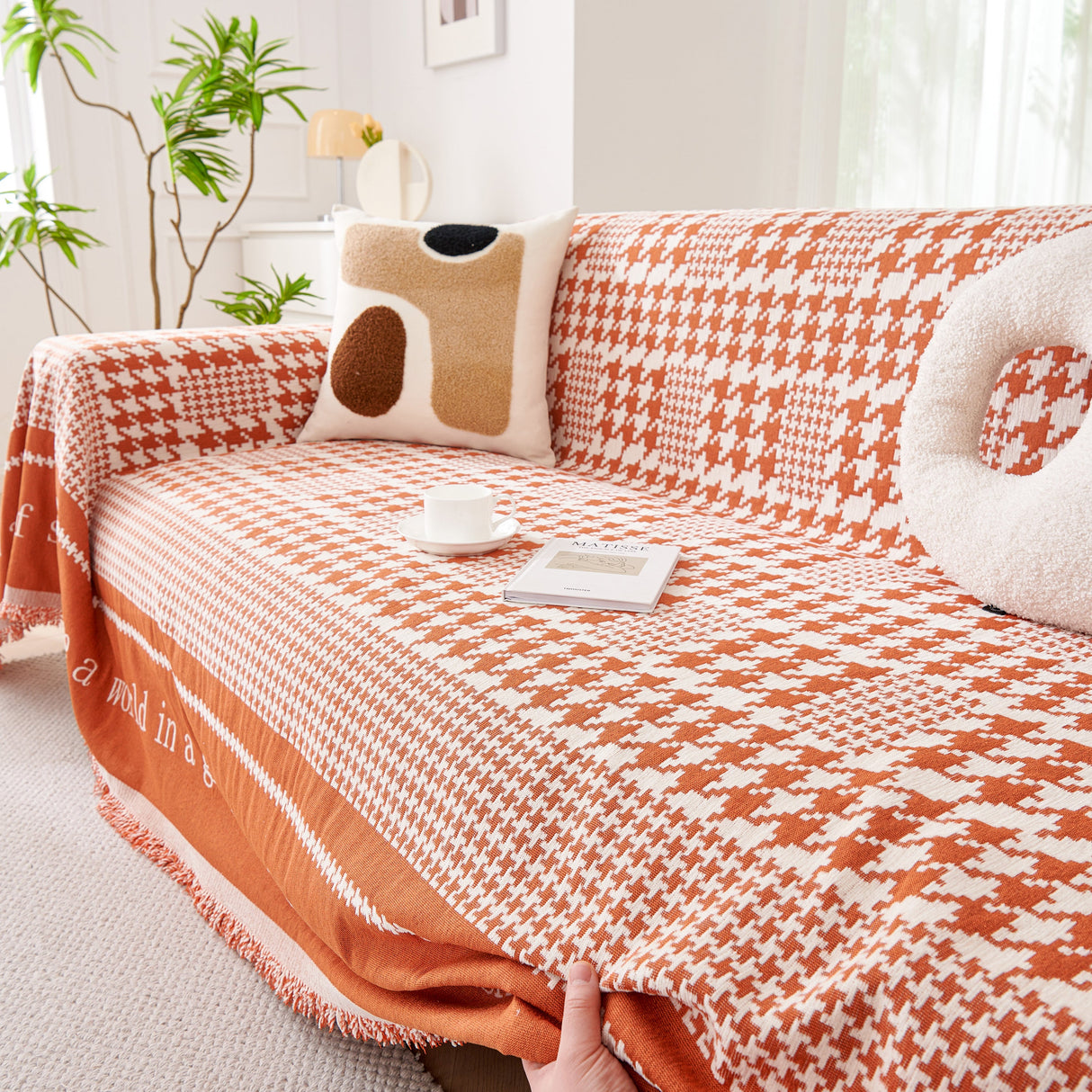 Chenille Houndstooth Couch Cover, Chaise Lounge Blanket Cover, Sectional Couch Scratch Protector