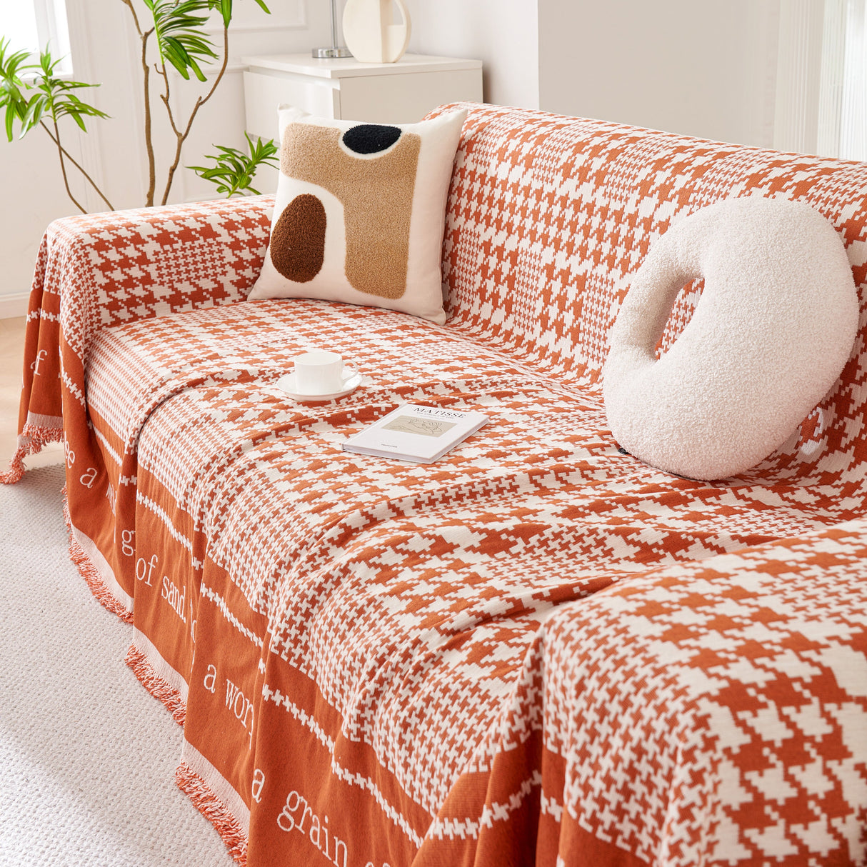 Chenille Houndstooth Couch Cover, Chaise Lounge Blanket Cover, Sectional Couch Scratch Protector