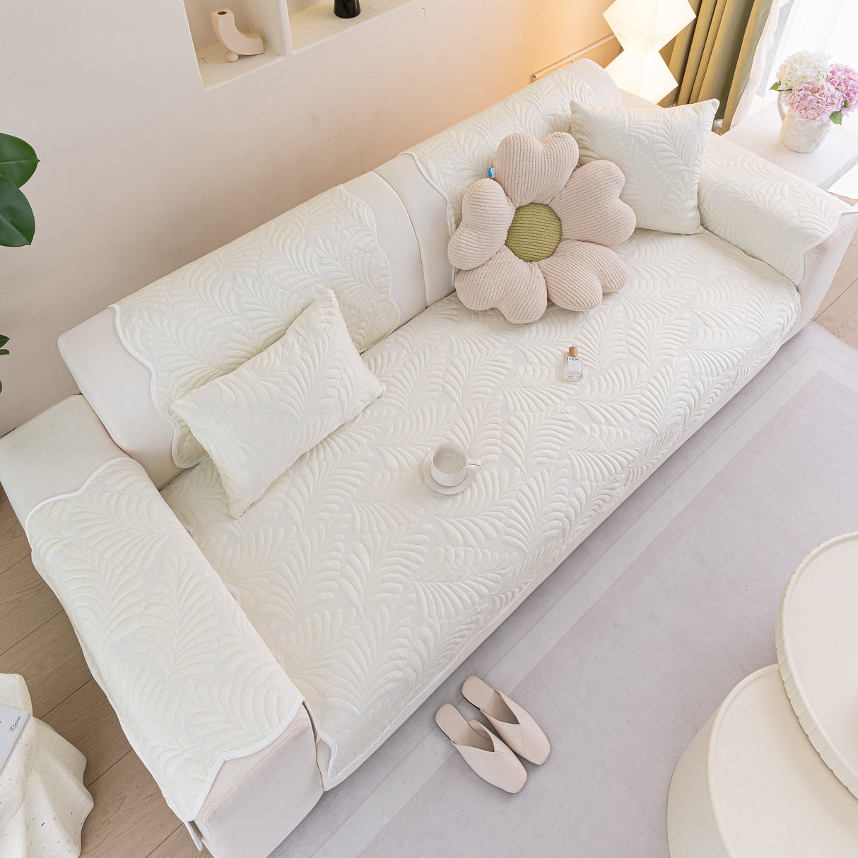 Sofa Cover for Leather & Fabric Couches, 3D Leaf Embossed Quilted Furniture Covers