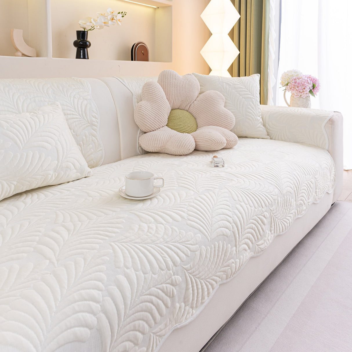 Sofa Cover for Leather & Fabric Couches, 3D Leaf Embossed Quilted Furniture Covers