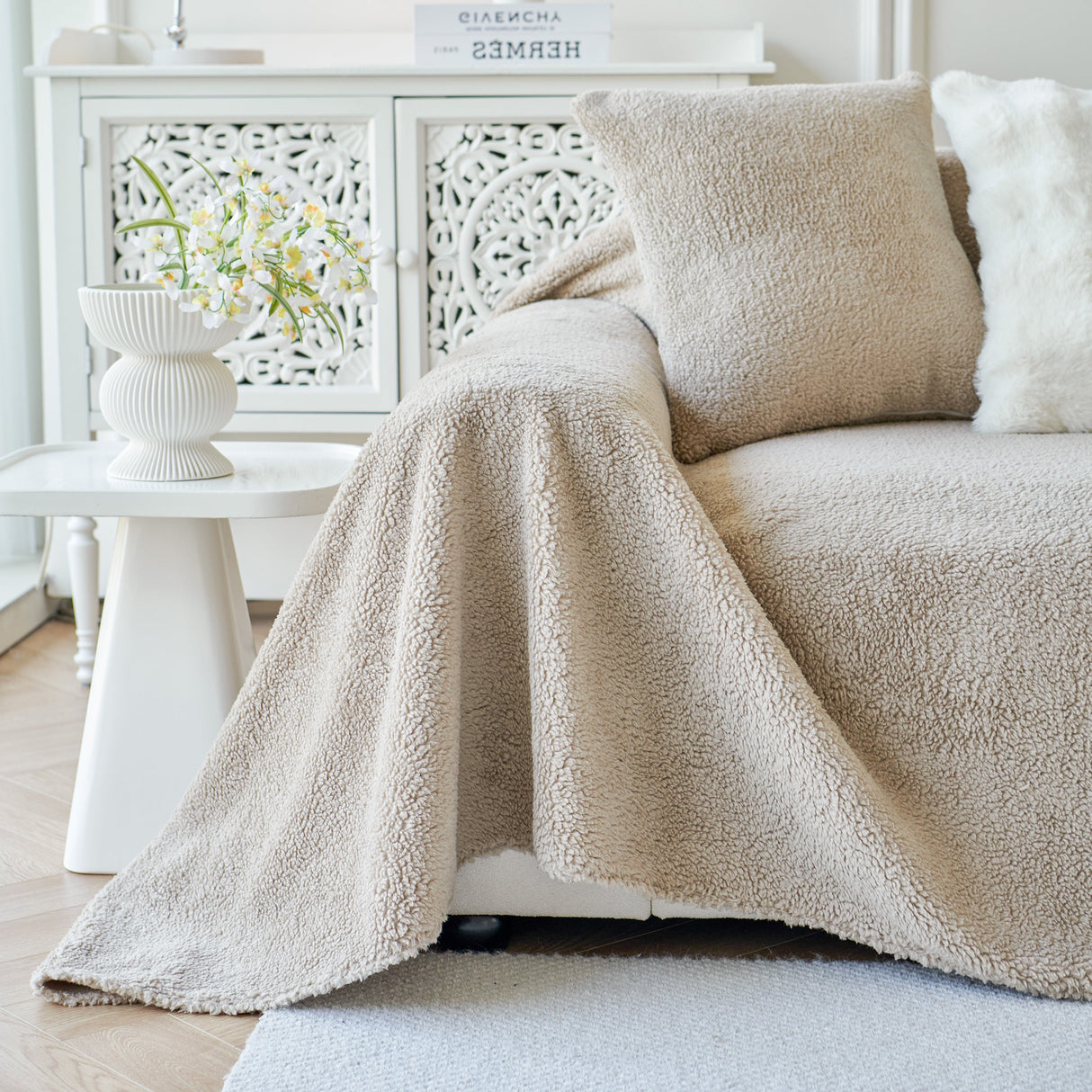 Thick Sherpa Fleece Sofa Protector Cover Stylish Durable Slipcovers for Couches and Chairs