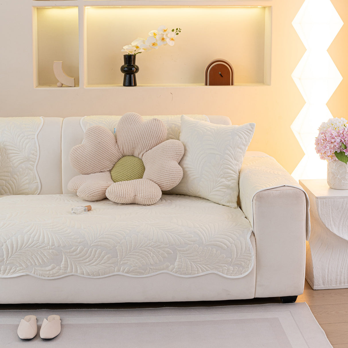 Sofa Cover for Leather & Fabric Couches, 3D Leaf Embossed Quilted Furniture Covers