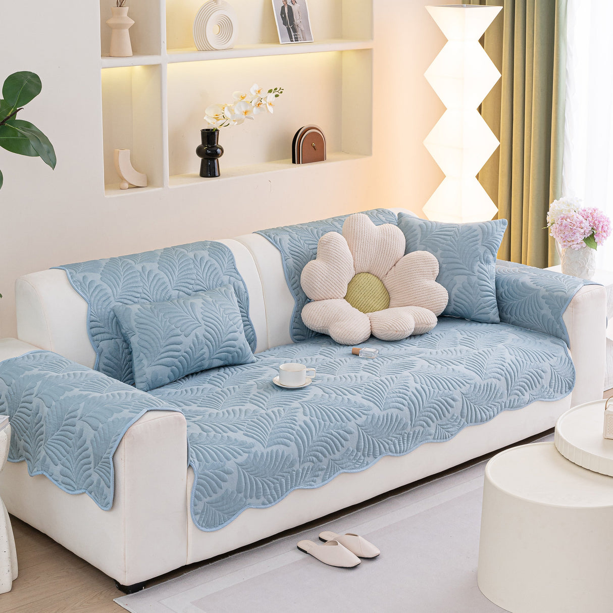 Sofa Cover for Leather & Fabric Couches, 3D Leaf Embossed Quilted Furniture Covers