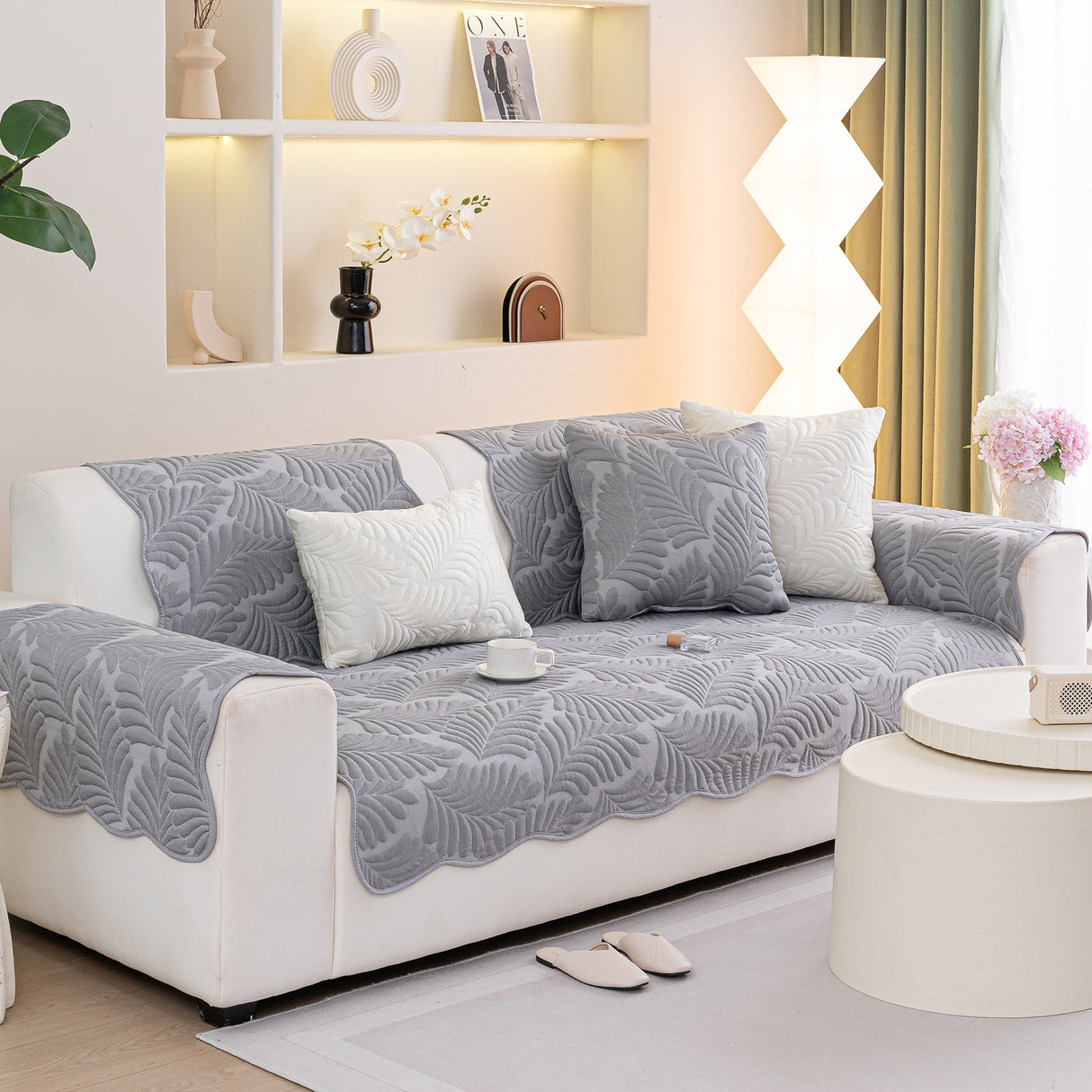 Sofa Cover for Leather & Fabric Couches, 3D Leaf Embossed Quilted Furniture Covers