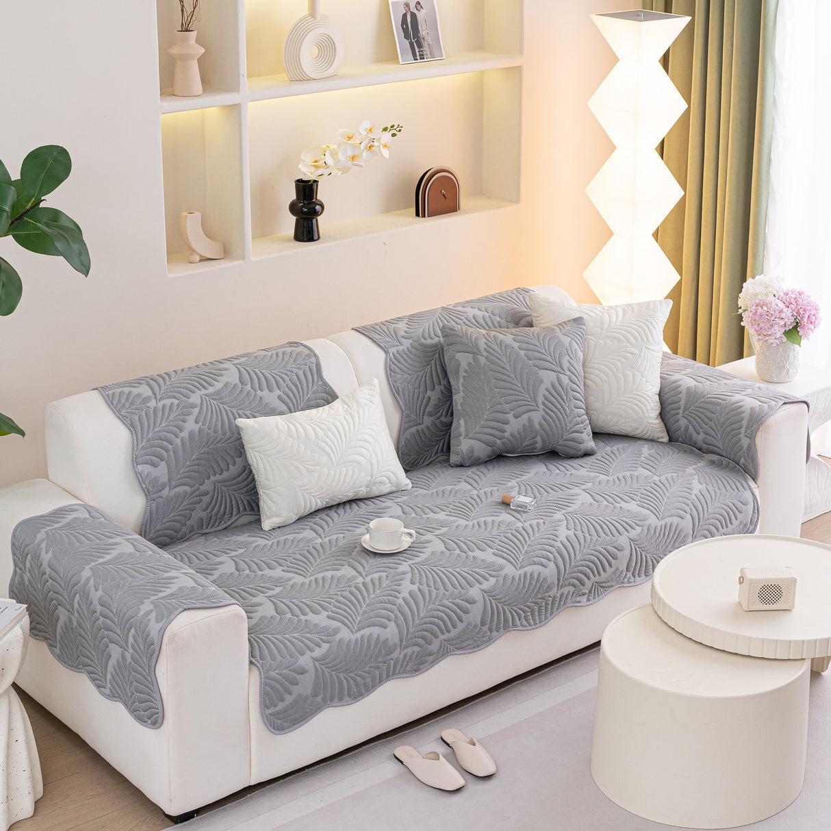 Sofa Cover for Leather & Fabric Couches, 3D Leaf Embossed Quilted Furniture Covers