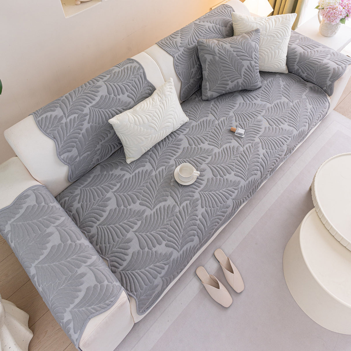 Sofa Cover for Leather & Fabric Couches, 3D Leaf Embossed Quilted Furniture Covers