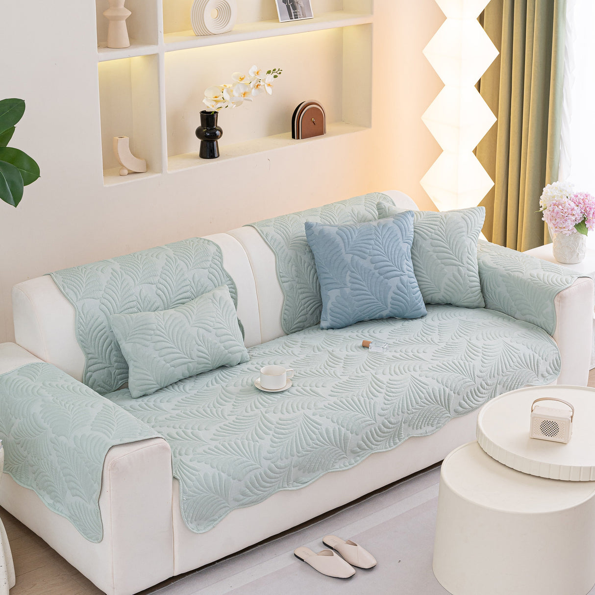 Sofa Cover for Leather & Fabric Couches, 3D Leaf Embossed Quilted Furniture Covers