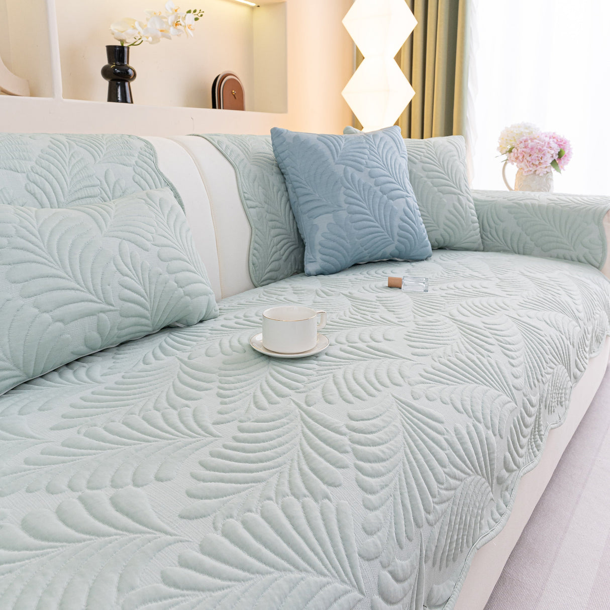 Sofa Cover for Leather & Fabric Couches, 3D Leaf Embossed Quilted Furniture Covers