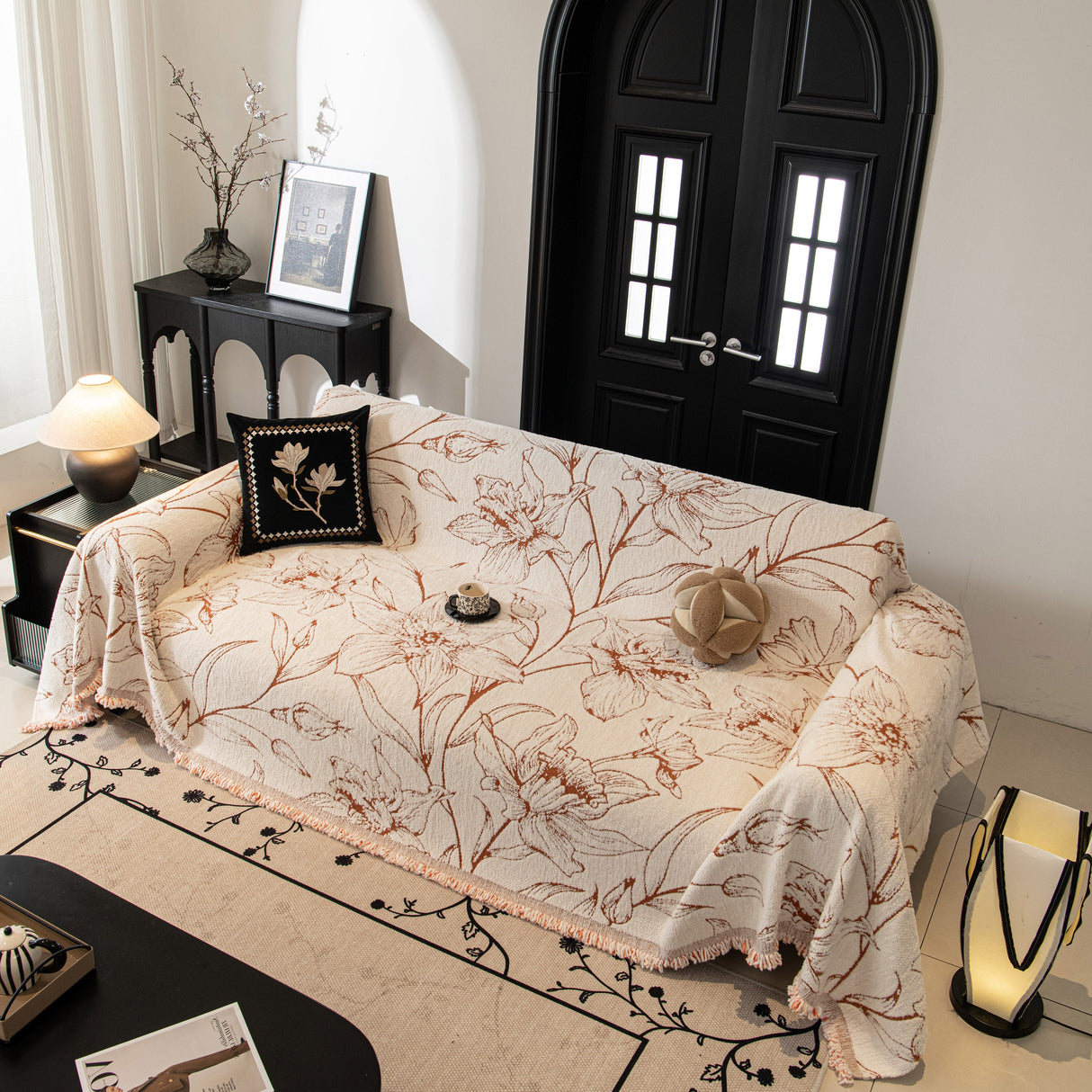 Large Floral Sofa Cover Throw Blanket, Plush Jacquard Non-Shedding Couch Cover for Pets