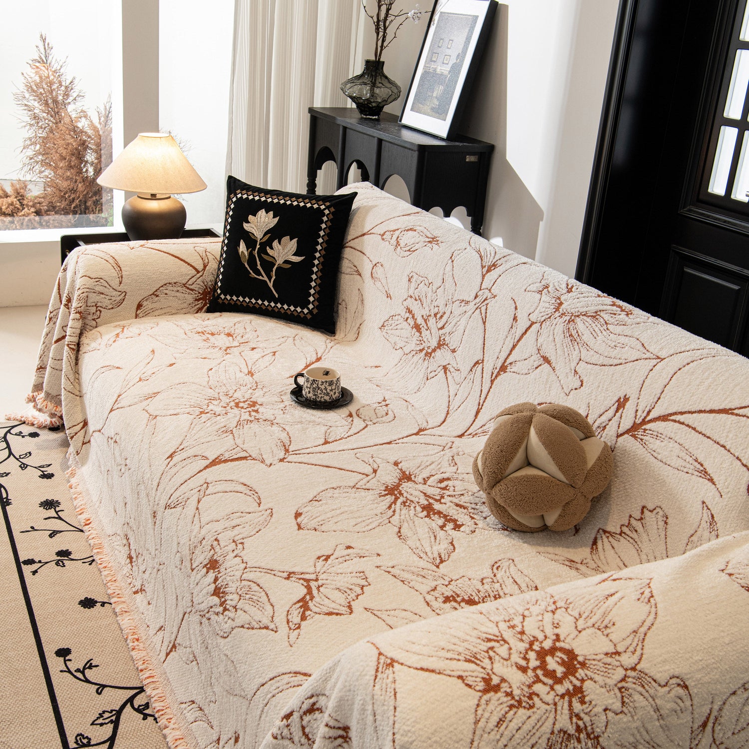 Large Floral Sofa Cover Throw Blanket, Plush Jacquard Non-Shedding Couch Cover for Pets