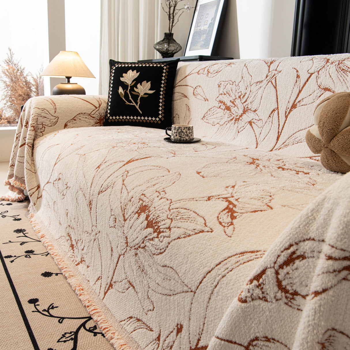 Large Floral Sofa Cover Throw Blanket, Plush Jacquard Non-Shedding Couch Cover for Pets