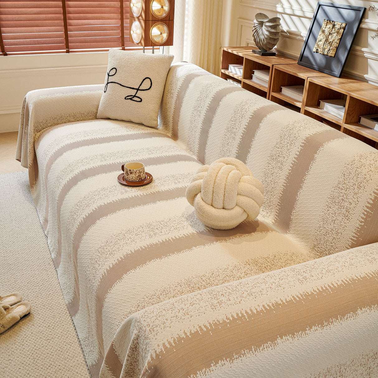 Modern Striped Couch Protector Blanket, Furniture Slipcover for L Shaped Sectionals