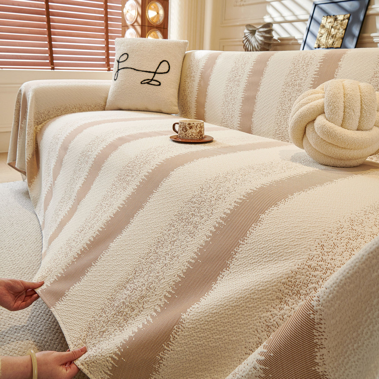 Modern Striped Couch Protector Blanket, Furniture Slipcover for L Shaped Sectionals