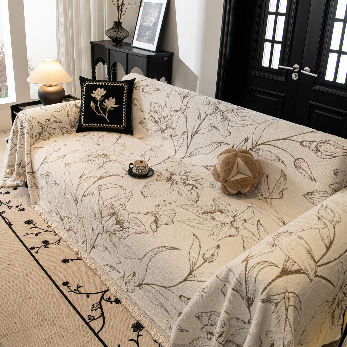 Large Floral Sofa Cover Throw Blanket, Plush Jacquard Non-Shedding Couch Cover for Pets