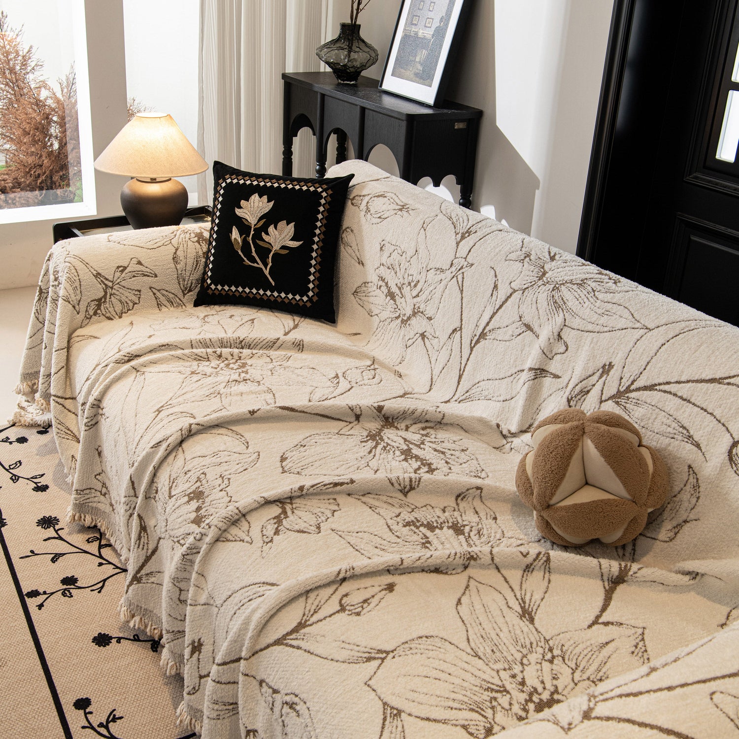 Large Floral Sofa Cover Throw Blanket, Plush Jacquard Non-Shedding Couch Cover for Pets