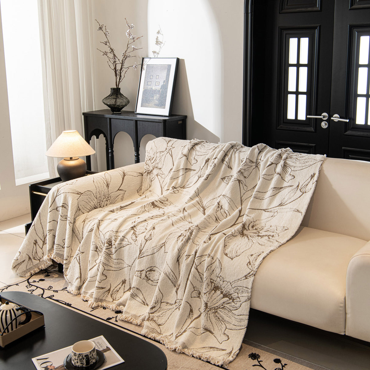 Large Floral Sofa Cover Throw Blanket, Plush Jacquard Non-Shedding Couch Cover for Pets