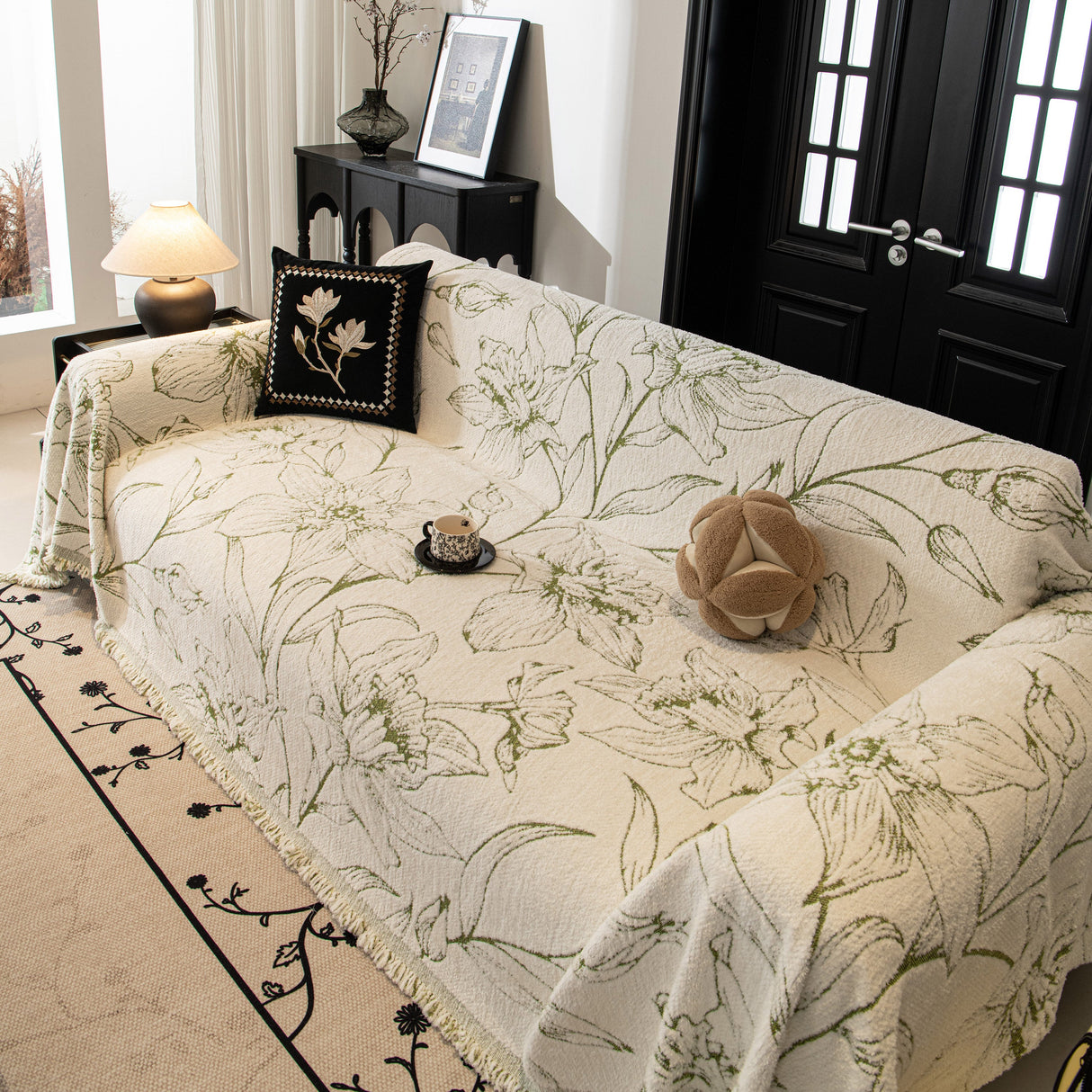 Large Floral Sofa Cover Throw Blanket, Plush Jacquard Non-Shedding Couch Cover for Pets
