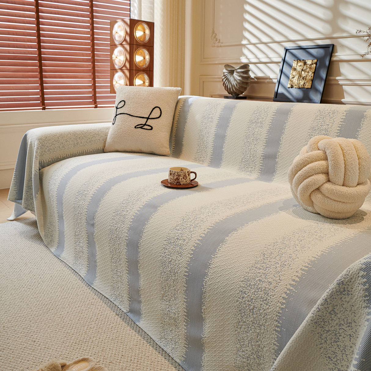 Modern Striped Couch Protector Blanket, Furniture Slipcover for L Shaped Sectionals