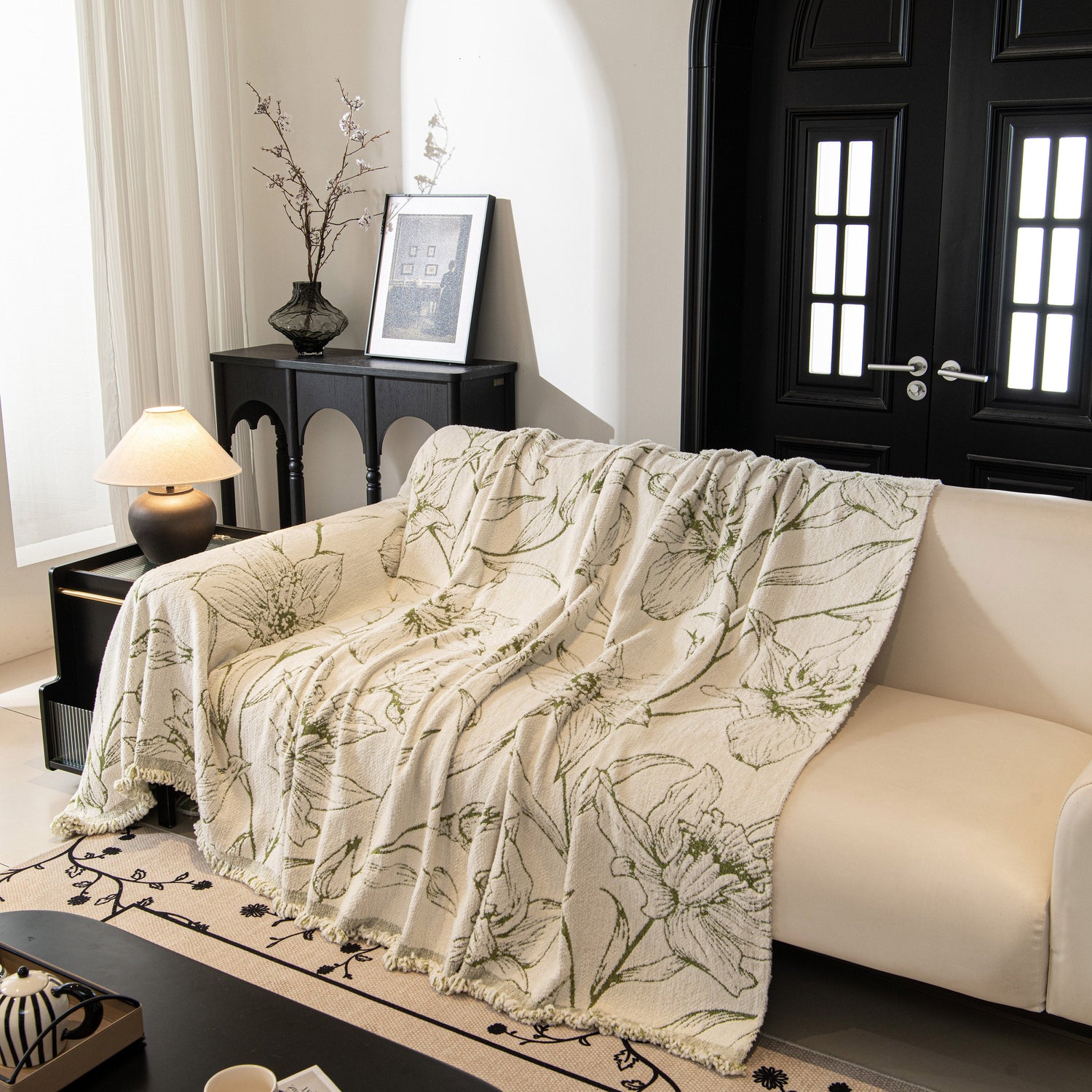Large Floral Sofa Cover Throw Blanket, Plush Jacquard Non-Shedding Couch Cover for Pets