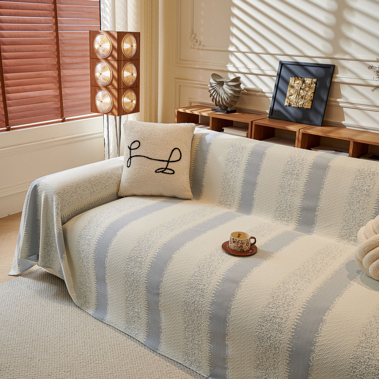 Modern Striped Couch Protector Blanket, Furniture Slipcover for L Shaped Sectionals