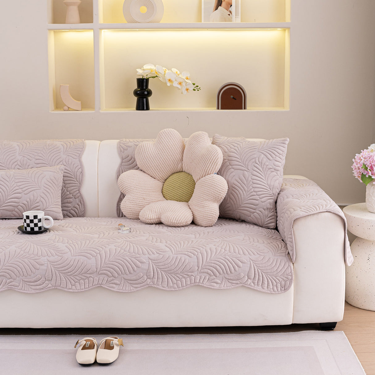 Sofa Cover for Leather & Fabric Couches, 3D Leaf Embossed Quilted Furniture Covers