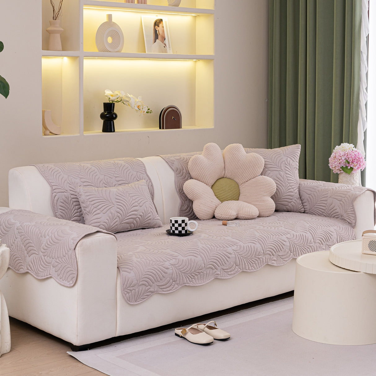 Sofa Cover for Leather & Fabric Couches, 3D Leaf Embossed Quilted Furniture Covers