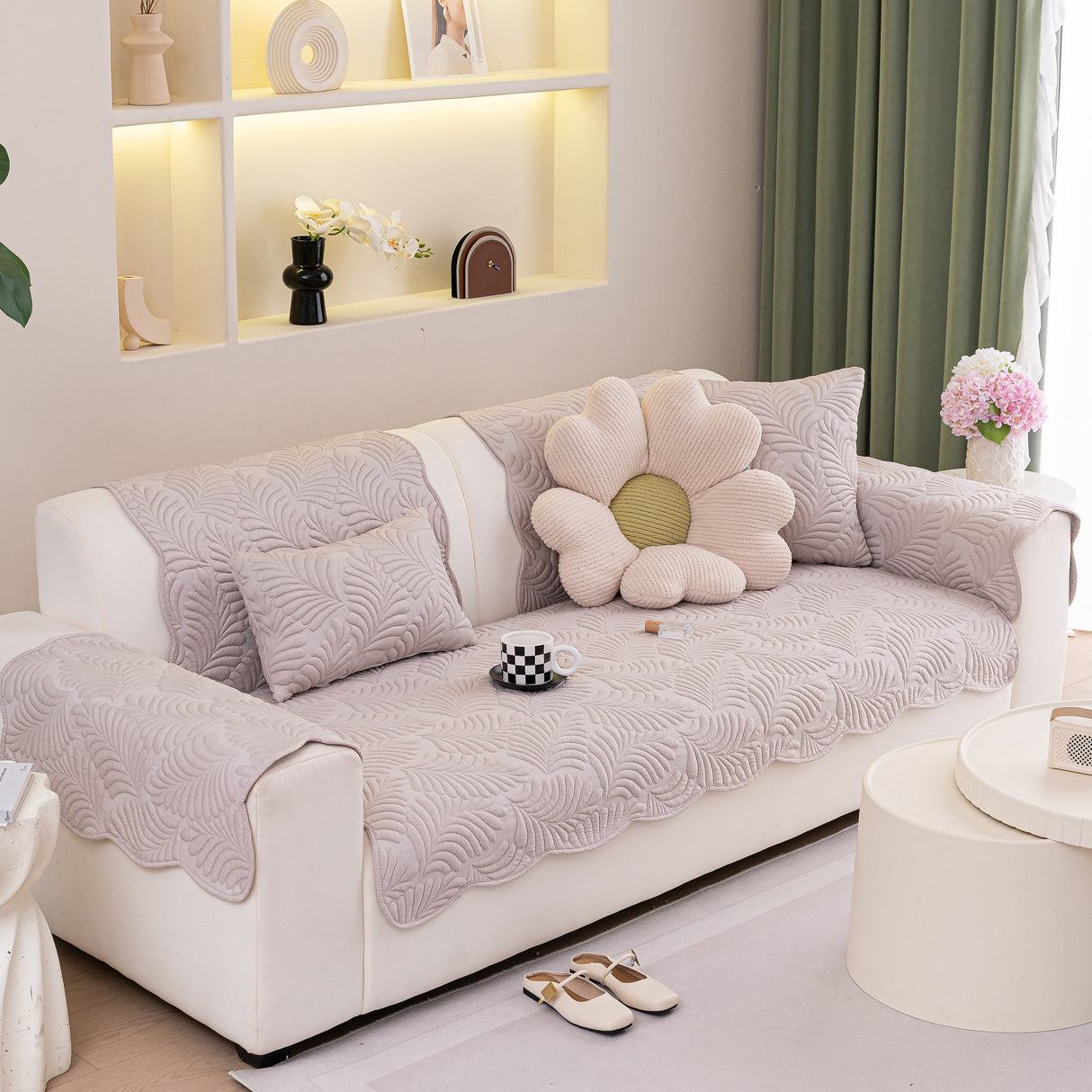 Sofa Cover for Leather & Fabric Couches, 3D Leaf Embossed Quilted Furniture Covers