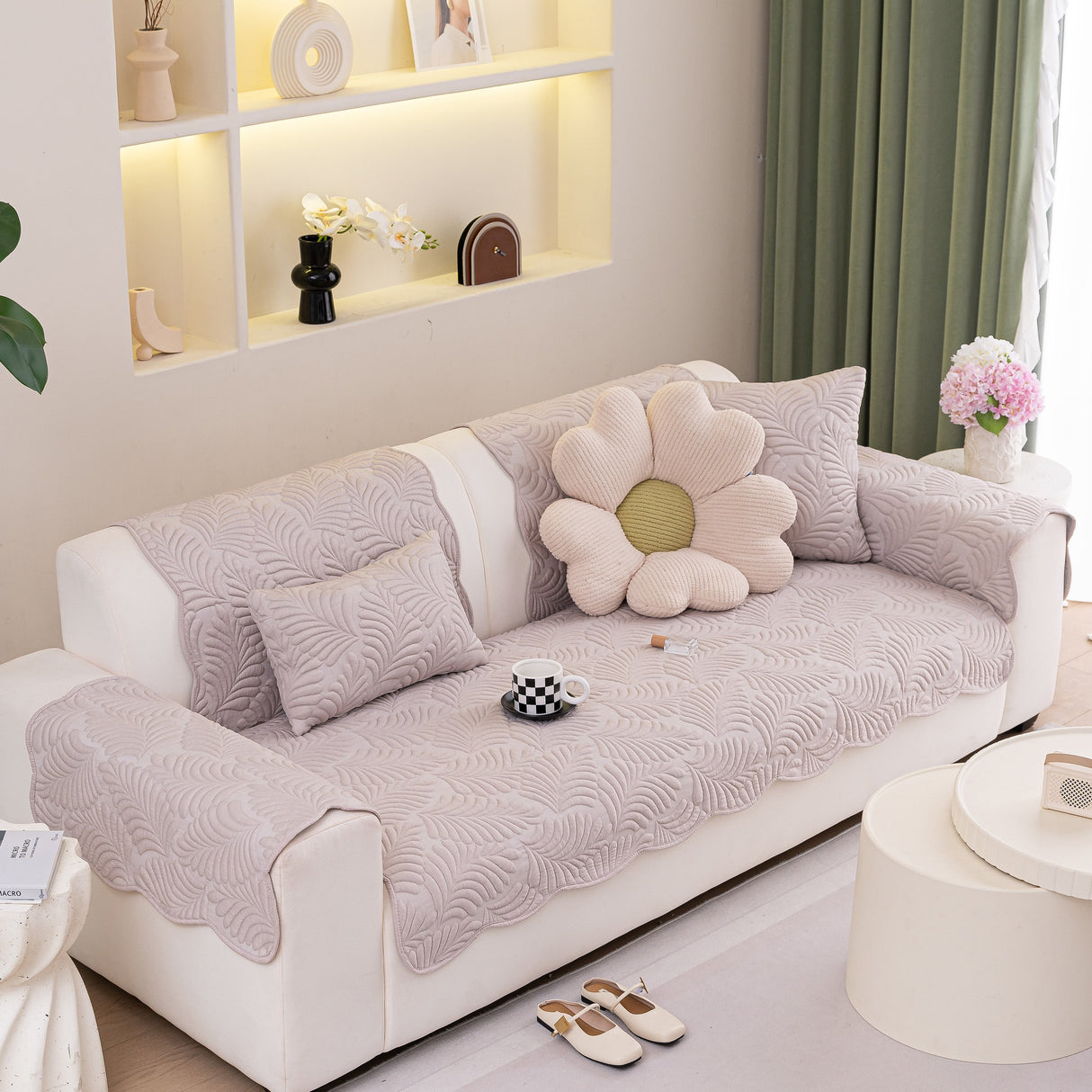 Sofa Cover for Leather & Fabric Couches, 3D Leaf Embossed Quilted Furniture Covers