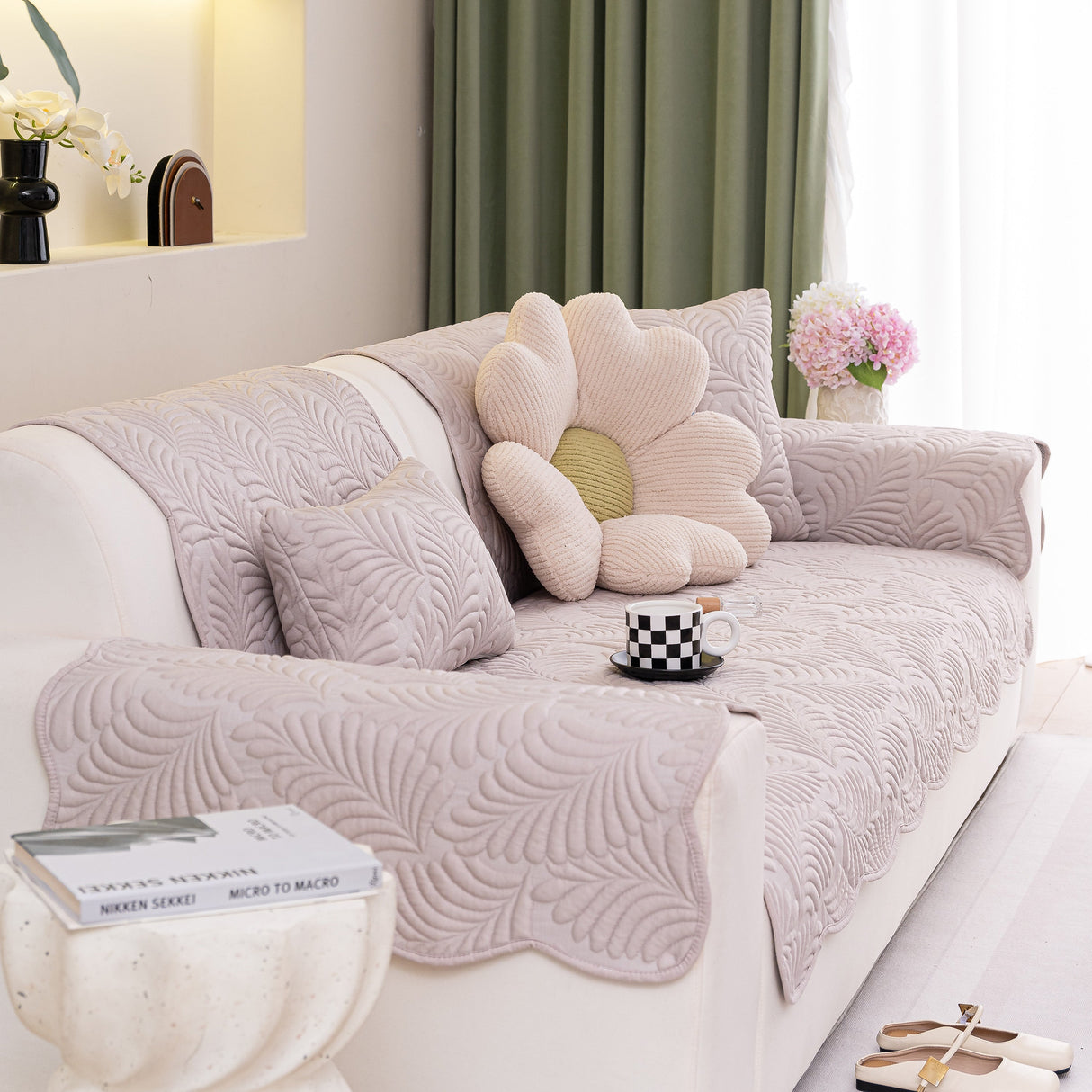 Sofa Cover for Leather & Fabric Couches, 3D Leaf Embossed Quilted Furniture Covers