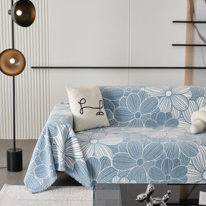 Chenille Jacquard Sofa Throw Cover with Tassels, All-Season Furniture Protector for Home and Office