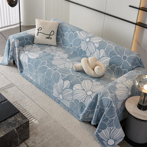 Chenille Jacquard Sofa Throw Cover with Tassels, All-Season Furniture Protector for Home and Office