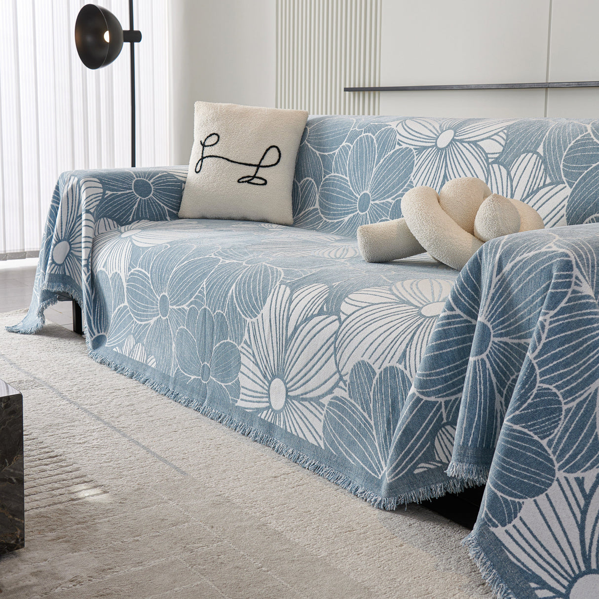 Chenille Jacquard Sofa Throw Cover with Tassels, All-Season Furniture Protector for Home and Office