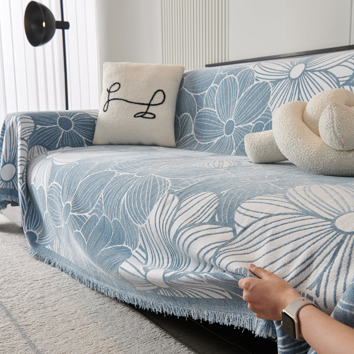 Chenille Jacquard Sofa Throw Cover with Tassels, All-Season Furniture Protector for Home and Office