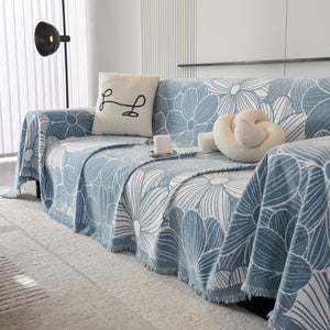 Chenille Jacquard Sofa Throw Cover with Tassels, All-Season Furniture Protector for Home and Office