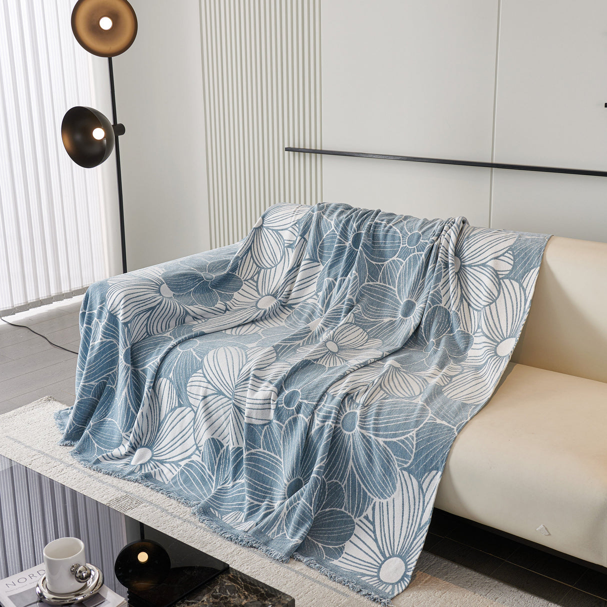 Chenille Jacquard Sofa Throw Cover with Tassels, All-Season Furniture Protector for Home and Office