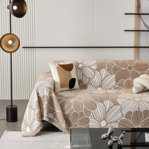 Chenille Jacquard Sofa Throw Cover with Tassels, All-Season Furniture Protector for Home and Office