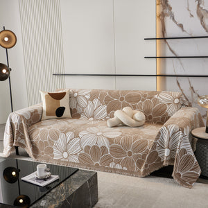 Chenille Jacquard Sofa Throw Cover with Tassels, All-Season Furniture Protector for Home and Office