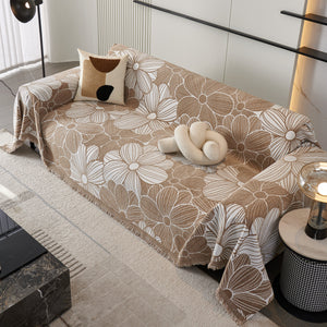 Chenille Jacquard Sofa Throw Cover with Tassels, All-Season Furniture Protector for Home and Office