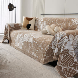 Chenille Jacquard Sofa Throw Cover with Tassels, All-Season Furniture Protector for Home and Office