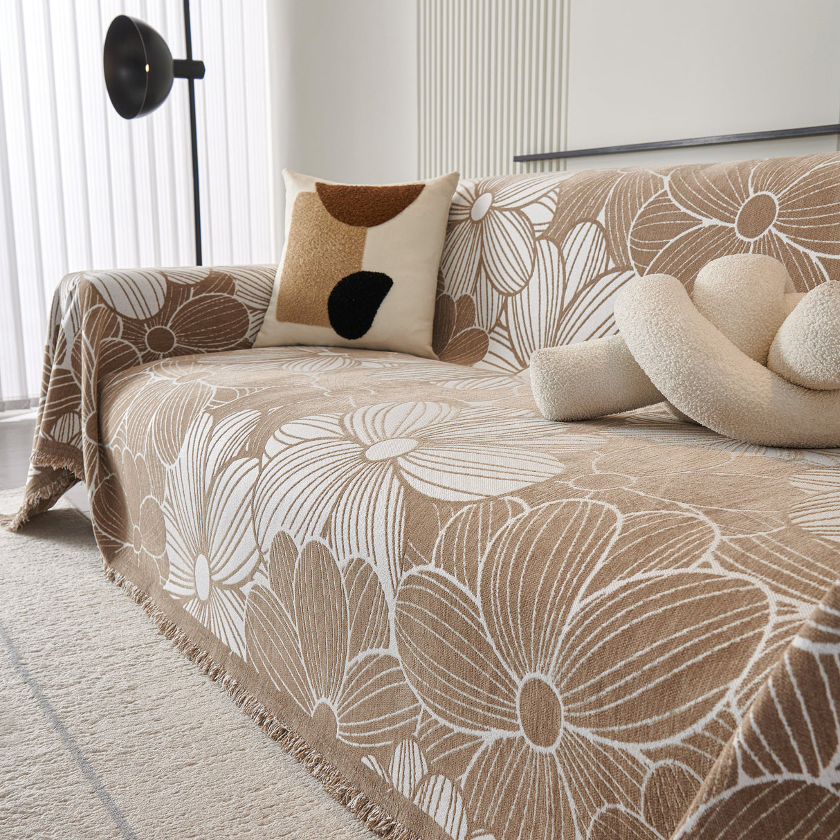 Chenille Jacquard Sofa Throw Cover with Tassels, All-Season Furniture Protector for Home and Office