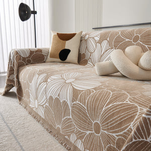 Chenille Jacquard Sofa Throw Cover with Tassels, All-Season Furniture Protector for Home and Office