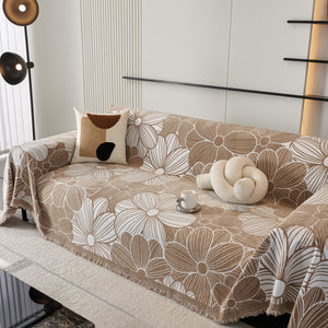 Chenille Jacquard Sofa Throw Cover with Tassels, All-Season Furniture Protector for Home and Office