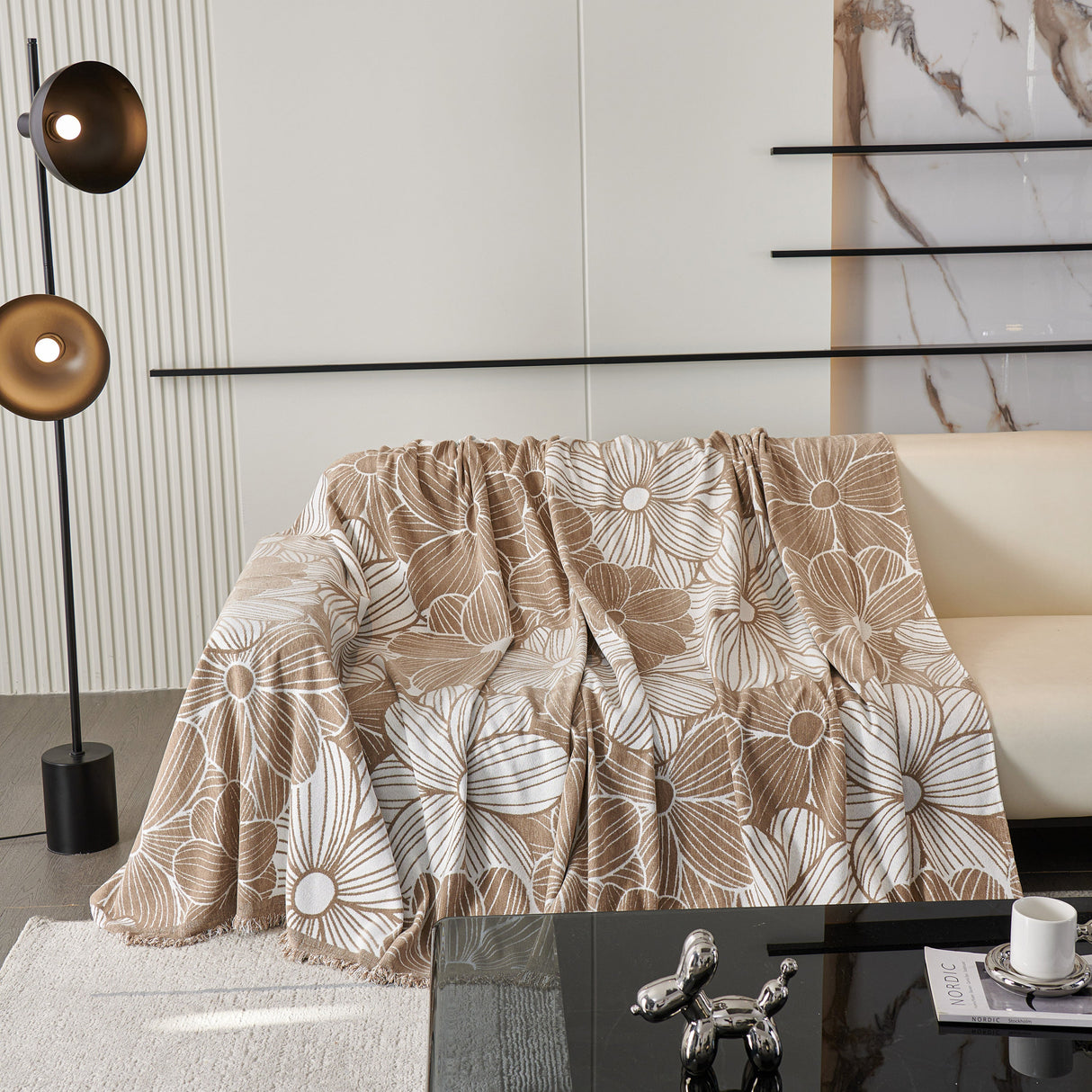 Chenille Jacquard Sofa Throw Cover with Tassels, All-Season Furniture Protector for Home and Office