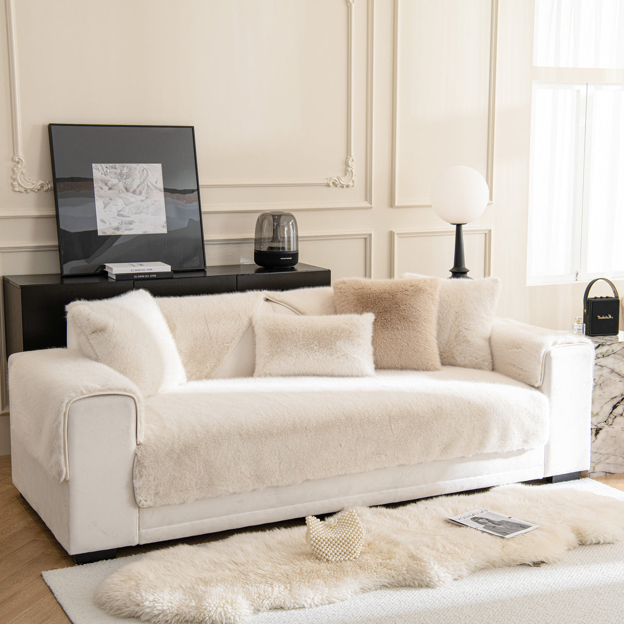 Faux Mink Velvet Luxury Fluffy Sofa Cushion, Winter Warm Thick Plush Non-slip Sofa Covers