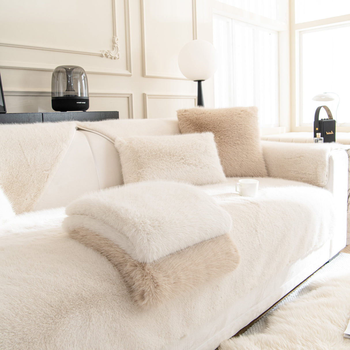 Faux Mink Velvet Luxury Fluffy Sofa Cushion, Winter Warm Thick Plush Non-slip Sofa Covers