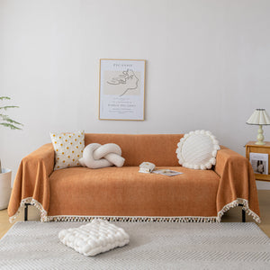 Boho Herringbone Sofa Throw Blanket with Pom Pom Tassels Stylish Furniture Slipcover