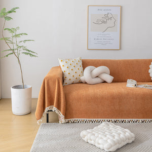 Boho Herringbone Sofa Throw Blanket with Pom Pom Tassels Stylish Furniture Slipcover